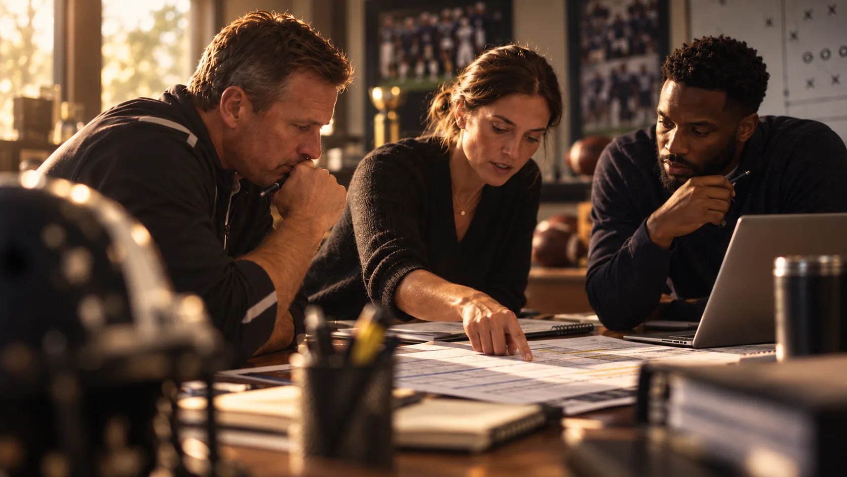 College athletics staff reviewing roster commitments, team budget figures, and athlete payment plans