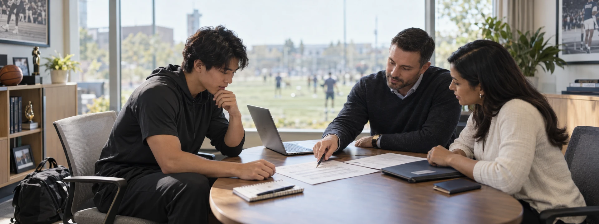 An international athlete reviewing payment documents with two athletics department staff members