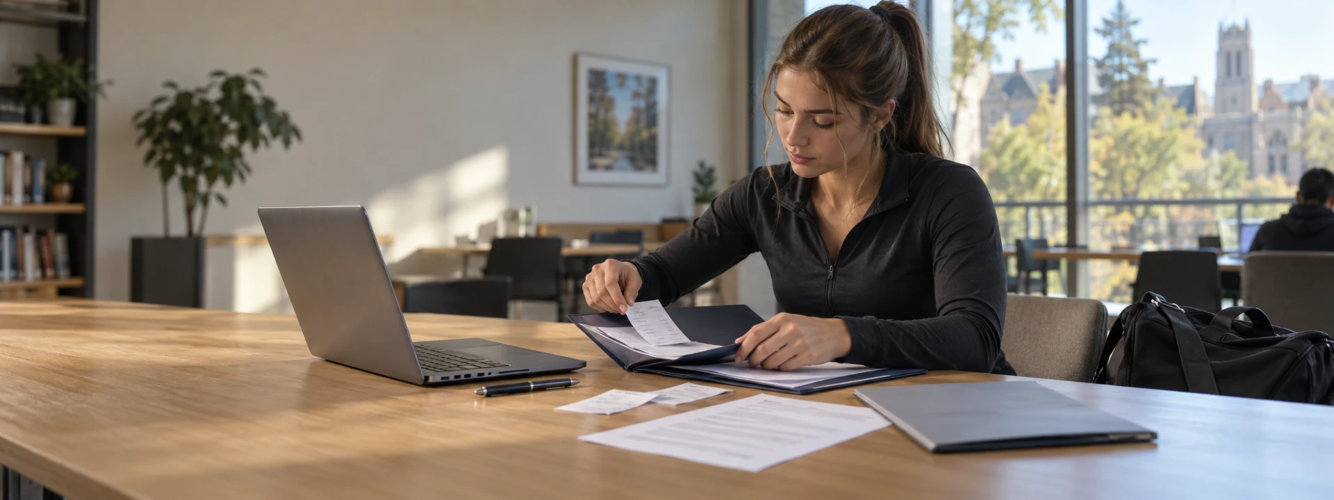 College athlete organizing receipts and income documents in a folder at a university study desk.
