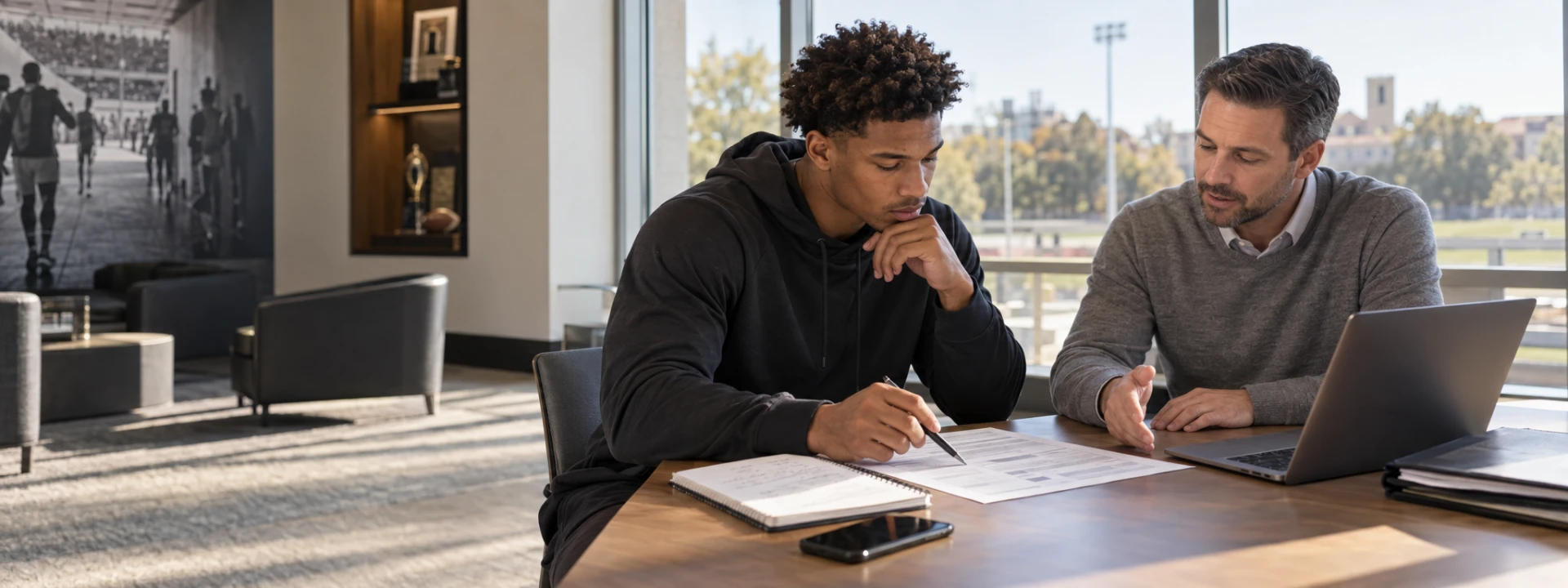 College athlete reviewing financial documents with a financial professional at a campus table.