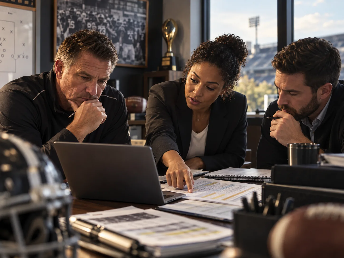 College athletics coaches, general manager and finance staff reviewing a roster budget and athlete commitments