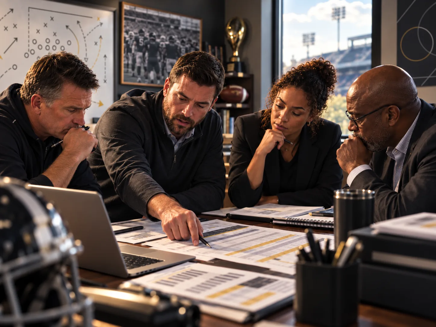 College athletics coach, general manager and finance executive reviewing a roster plan and team budget together