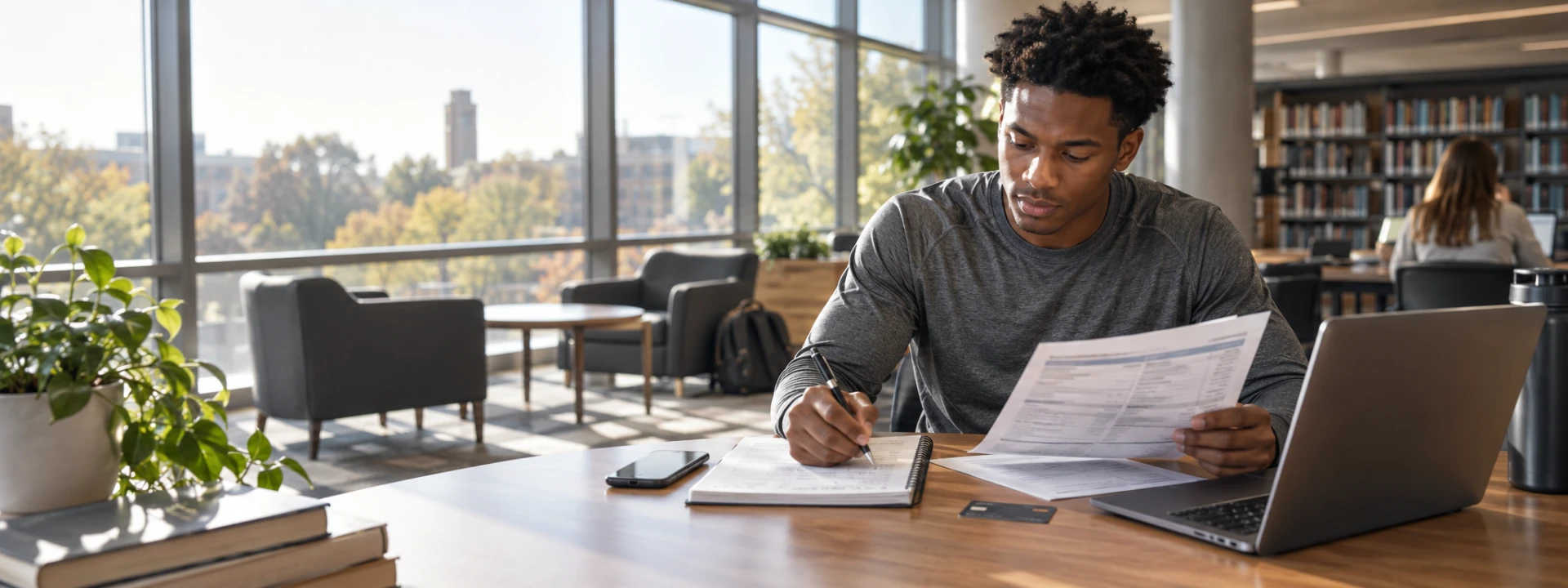 College athlete reviewing a credit-card statement and monthly expenses at a university study desk.