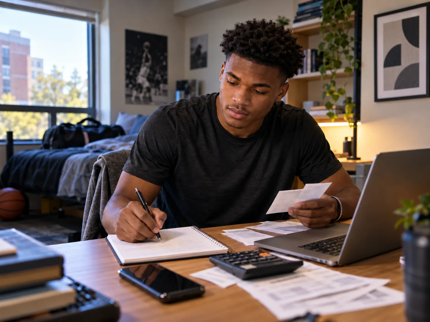 College athlete at a desk in his dorm room reviewing a pay stub, writing in a notebook beside a calculator and laptop